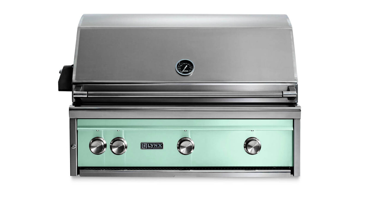 Stono Outdoor Living The Lynx 36" Built-In Grill w/ Rotisserie in Surf (L36R-3-SUNG) by Lynx features a mint green front panel, four control knobs, and ceramic burners—ideal for outdoor kitchens. Seen here with the lid closed against a white background.