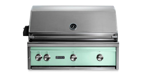 Stono Outdoor Living The Lynx 36" Built-In Grill w/ Rotisserie in Surf (L36R-3-SUNG) by Lynx features a mint green front panel, four control knobs, and ceramic burners—ideal for outdoor kitchens. Seen here with the lid closed against a white background.