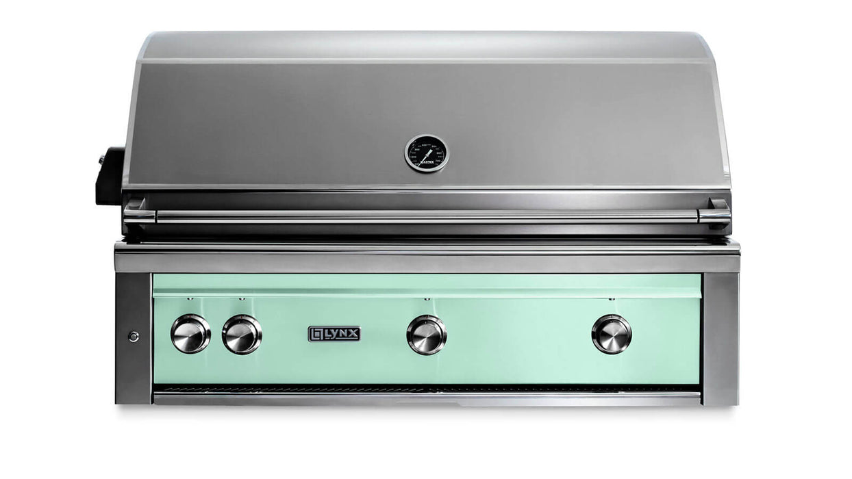 Stono Outdoor Living The Lynx 42" Built-In Grill - 1 Trident™ w/ Rotisserie in Surf (L42TR-SUNG) features three control knobs, a closed stainless steel lid, and a light green front panel—ideal for outdoor kitchens and branded with the Lynx logo.