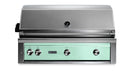 Stono Outdoor Living The Lynx 42" Built-In Grill - 1 Trident™ w/ Rotisserie in Surf (L42TR-SUNG) features three control knobs, a closed stainless steel lid, and a light green front panel—ideal for outdoor kitchens and branded with the Lynx logo.