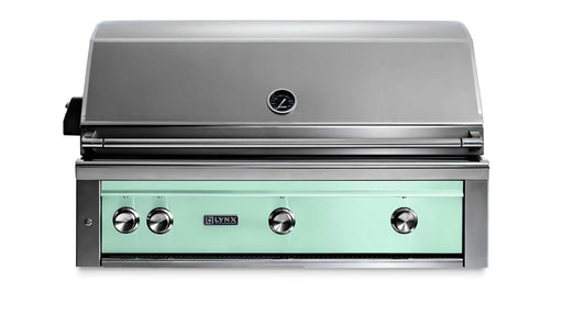 Stono Outdoor Living The Lynx 42" Built-In Grill - 1 Trident™ w/ Rotisserie in Surf (L42TR-SUNG) features three control knobs, a closed stainless steel lid, and a light green front panel—ideal for outdoor kitchens and branded with the Lynx logo.