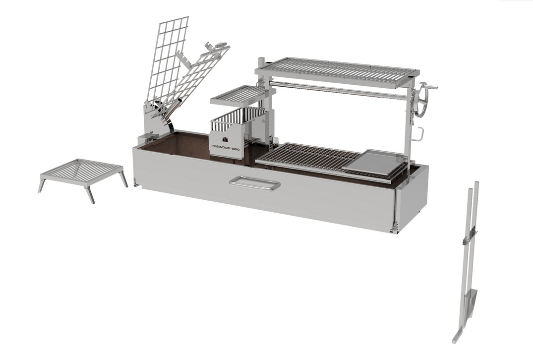 Stono Outdoor Living The Tagwood BBQ Argentine Santa Maria Wood Fire & Charcoal Grill - BBQ08SS by Tagwood BBQ is made of 304 stainless steel, with multiple racks, adjustable heights, side attachment, and foldable grate. Components are displayed separately around the main unit.