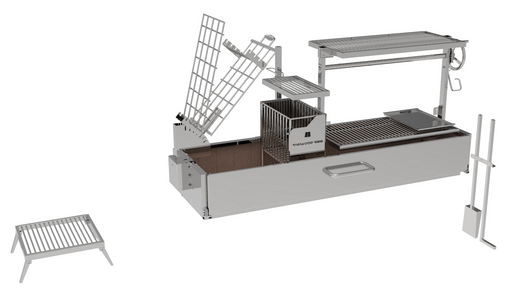 Stono Outdoor Living The Tagwood BBQ Argentine Santa Maria Wood Fire & Charcoal Grill (BBQ08SS) by Tagwood BBQ features 304 stainless steel, multiple racks and shelves, adjustable grates, a vertical skewer holder, and detachable stands. Shown on a white background.