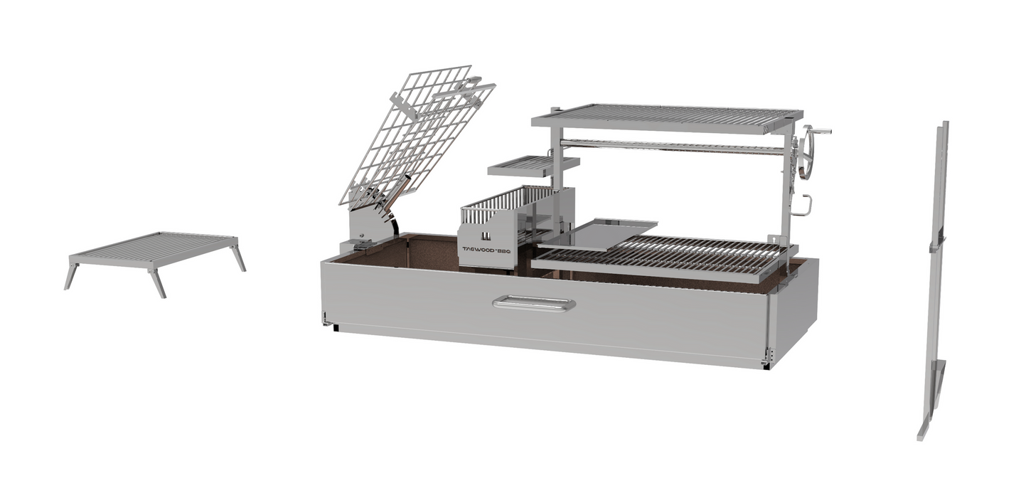 Stono Outdoor Living The Tagwood BBQ Argentine Santa Maria Wood Fire & Charcoal Grill (BBQ28SS) by Tagwood BBQ is shown on a white background with adjustable racks, crank handle, side table, standalone grate, and exposed 304 stainless steel components.