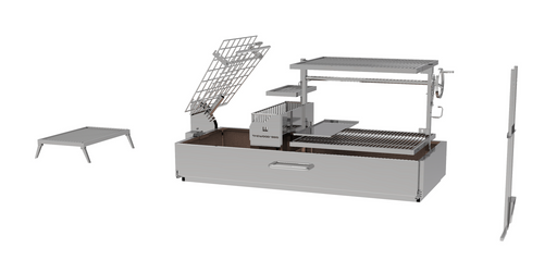 Stono Outdoor Living The Tagwood BBQ Argentine Santa Maria Wood Fire & Charcoal Grill (BBQ28SS) by Tagwood BBQ is shown on a white background with adjustable racks, crank handle, side table, standalone grate, and exposed 304 stainless steel components.