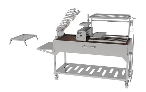 Stono Outdoor Living The Tagwood BBQ Argentine Santa Maria Wood Fire & Charcoal Grill (BBQ26SS) features 304 stainless steel, adjustable racks, a side tray, lower storage shelf, left-side grate, and a raised upper rack that’s partially open for easy access.