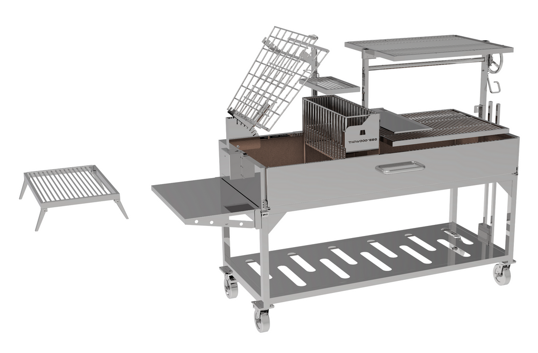 Stono Outdoor Living The Tagwood BBQ Argentine Santa Maria Wood Fire & Charcoal Grill (BBQ26SS) by Tagwood BBQ features a 304 stainless steel build, wheels, multiple racks, pull-out tray, grilling baskets, utensil hooks, and a removable grilling grate shown beside it.