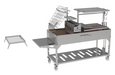 Stono Outdoor Living The Tagwood BBQ Argentine Santa Maria Wood Fire & Charcoal Grill (BBQ26SS) by Tagwood BBQ features a 304 stainless steel build, wheels, multiple racks, pull-out tray, grilling baskets, utensil hooks, and a removable grilling grate shown beside it.