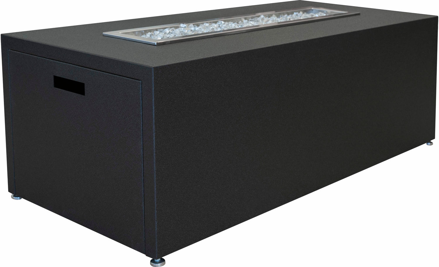 Stono Outdoor Living A rectangular black outdoor fire pit table with a built-in rectangular fire feature filled with clear decorative stones on top. The table has a modern, minimalist design.