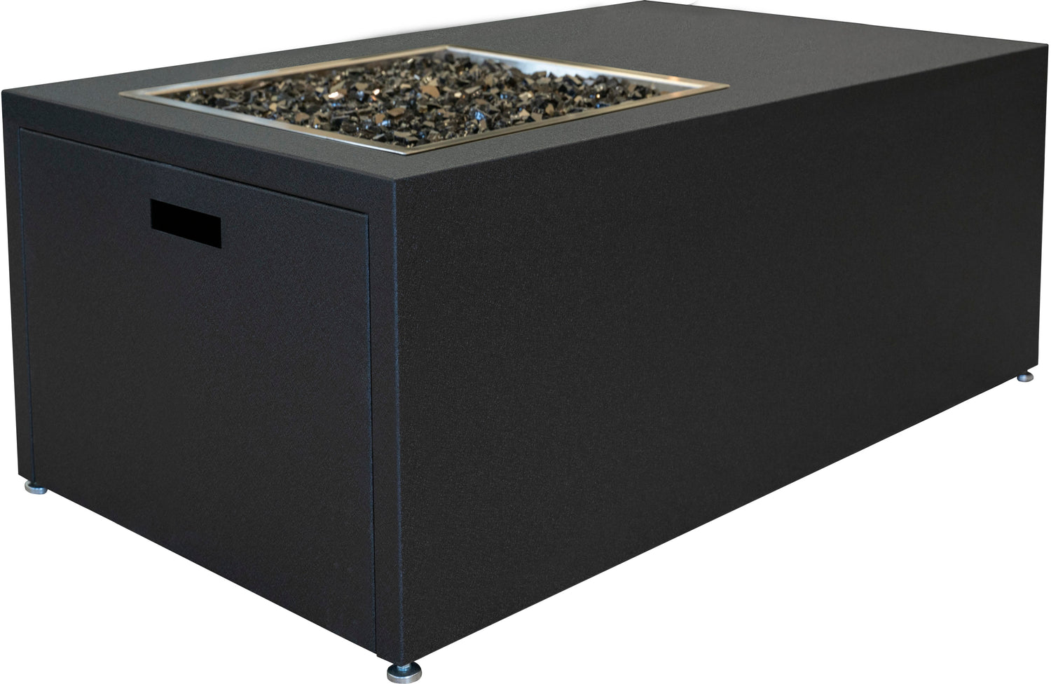Stono Outdoor Living A rectangular black outdoor fire pit table with a recessed fire area filled with black glass rocks, set on small feet.