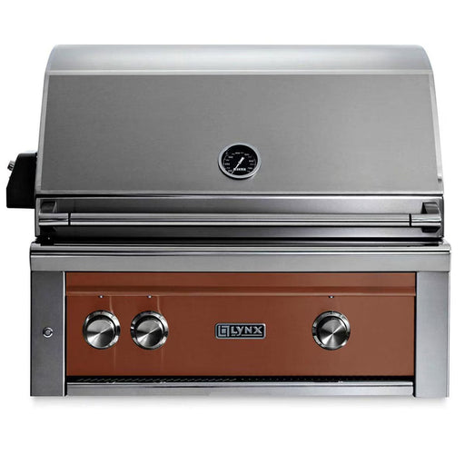 Stono Outdoor Living The Lynx 30" Built-In Grill w/ Rotisserie in Sierra (L30R-3-SING) features ceramic burners, a brown front panel, three control knobs, a built-in thermometer on the lid, and a modern stainless steel design.