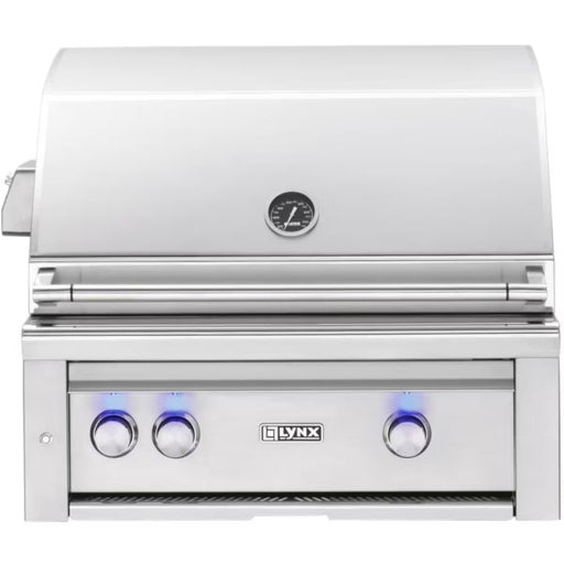 Stono Outdoor Living The Lynx 30" Built-In Grill w/ Rotisserie in SS (L30R-3-NG) by Lynx features ceramic burners, three blue-lit control knobs, a built-in hood thermometer, rotisserie option, and a modern stainless steel design.