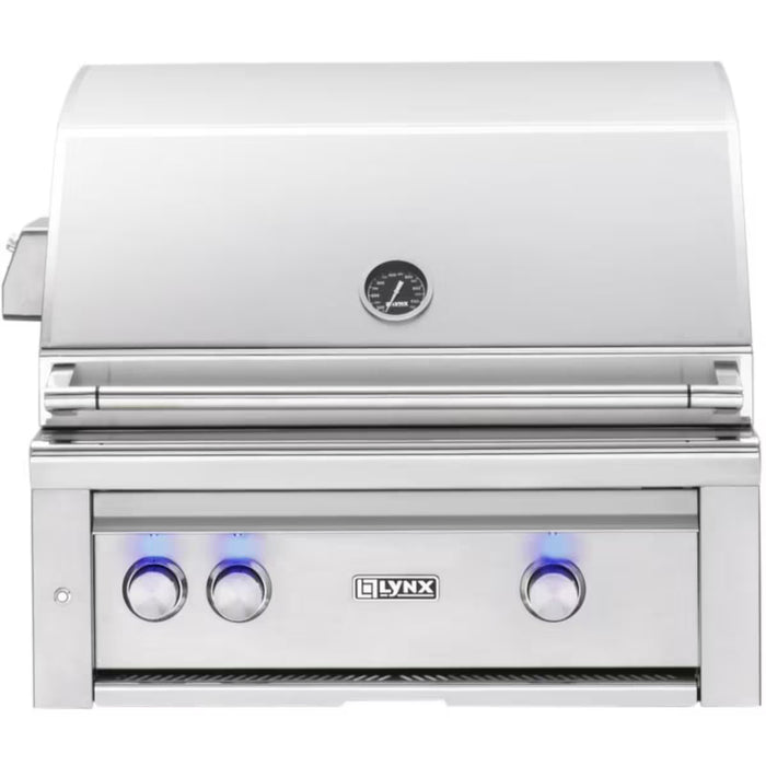 Stono Outdoor Living The Lynx 30" Built-In Grill w/ Rotisserie in SS (L30R-3-NG) by Lynx features ceramic burners, three blue-lit control knobs, a built-in hood thermometer, rotisserie option, and a modern stainless steel design.