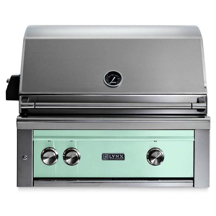 Stono Outdoor Living The Lynx 30" Built-In Grill w/ Rotisserie in Surf (L30R-3-SUNG) features stainless steel construction, ceramic burners, a closed lid, three control knobs, a temperature gauge, and a light green front panel.