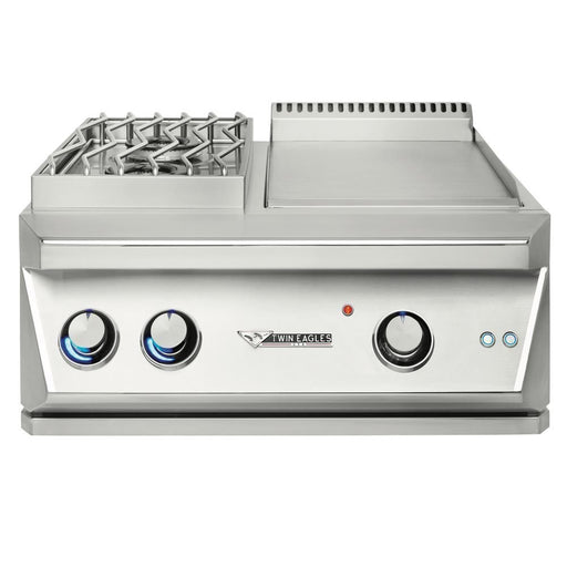 Stono Outdoor Living The Twin Eagles 30-Inch Built-In Natural Gas Dine & Breakfast Club (TEBC30-CN) is a stainless steel outdoor grill with two control knobs, a side burner, griddle, blue indicator lights, and the Twin Eagles logo on the front panel.