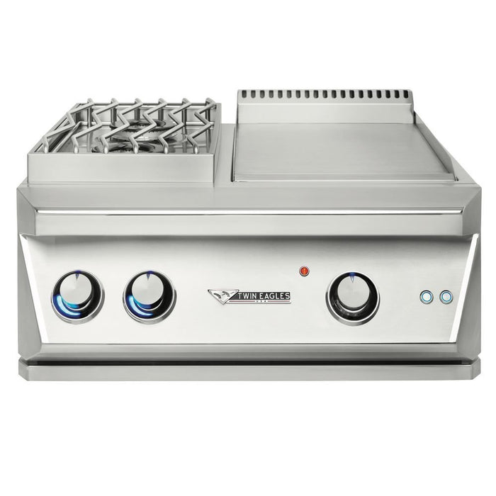 Stono Outdoor Living Front view of the Twin Eagles 30-Inch Built-In Propane Dine & Breakfast Club (TEBC30-CL) featuring three control knobs with blue LED lights, a left side burner, and a right outdoor kitchen griddle.