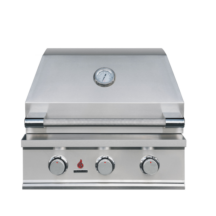 Stono Outdoor Living The TrueFlame E Series 25" Stainless Steel 3-Burner Built-In Propane Gas Grill (TFE25L) features a closed lid, front control knobs, and a built-in thermometer.