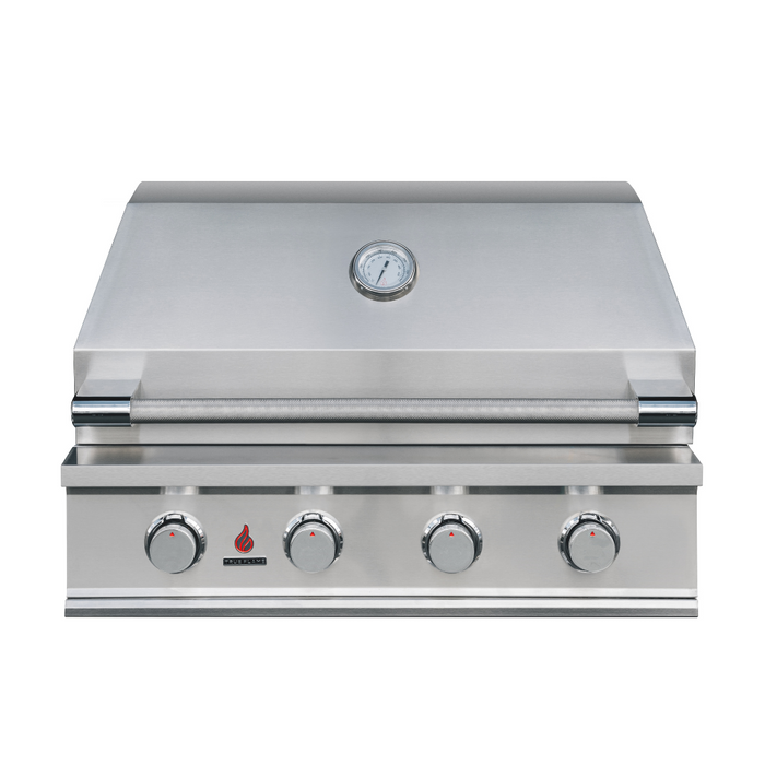 Stono Outdoor Living The TrueFlame E Series 32" Stainless Steel 4-Burner Built-In Propane Gas Grill (TFE32L) features 304 stainless steel, a closed lid, built-in thermometer, and four front control knobs. Shown against a plain white background.