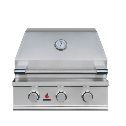 Stono Outdoor Living The TrueFlame E Series 25" Stainless Steel 3-Burner Built-In Natural Gas Grill (TFE25) features a closed lid, built-in temperature gauge, and three front control knobs for commercial-grade grilling in your outdoor space.