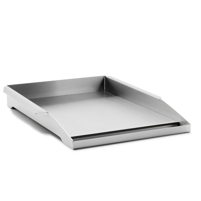 Stono Outdoor Living The TrueFlame 14" x 17" Griddle Plate (TF-GP-14), made of premium stainless steel with raised edges and a front lip for easy scooping or sliding, is shown on a white background.