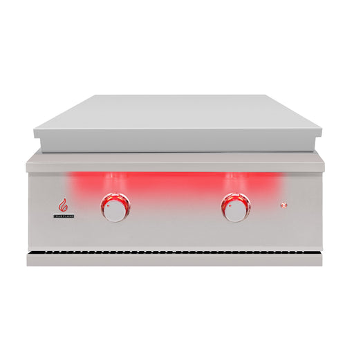 Stono Outdoor Living The TrueFlame 30" Built-In Natural Gas Grill Griddle - TFG30 features a sleek stainless steel design, two red-lit control knobs, a smooth cooking surface, and a side logo—ideal for upgrading your outdoor kitchen.