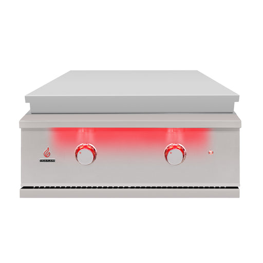 Stono Outdoor Living The TrueFlame 30" Built-In Propane Gas Grill Griddle (TFG30L) features a stainless steel flat-top, two red-lit front control knobs, a left-side logo, and right indicator light—ideal for any outdoor kitchen.