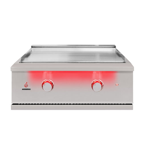 Stono Outdoor Living The TrueFlame 30" Built-In Natural Gas Grill Griddle (TFG30) features a stainless steel flat-top, two red-lit control knobs, and a power indicator light on the front panel, shown against a white background.