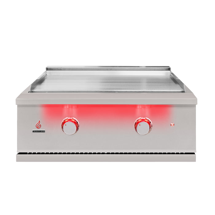 Stono Outdoor Living The TrueFlame 30" Built-In Propane Gas Grill Griddle - TFG30L features a stainless steel flat-top and two red-lit control knobs on the front, perfect for any outdoor kitchen, shown from the front against a white background.