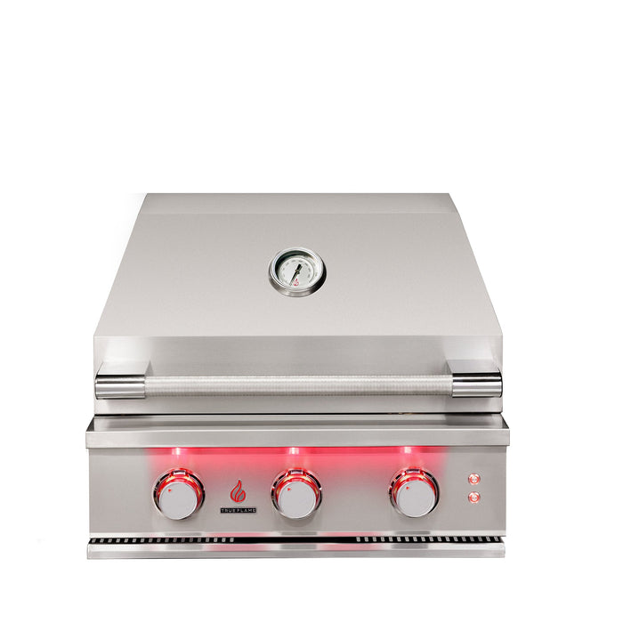 Stono Outdoor Living The TrueFlame 25" 3-Burner Built-In Natural Gas Grill – TF25 features a stainless steel design, closed lid, built-in thermometer, and three illuminated control knobs for high-performance outdoor grilling.