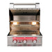 Stono Outdoor Living The TrueFlame 40" 5-Burner Built-In Propane Gas Grill (TF40L) by TrueFlame features stainless steel construction, five control knobs with red lights, an open lid, grill grates, and two interior lights illuminating a modern cooking area.