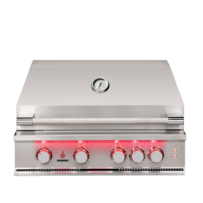 Stono Outdoor Living The TrueFlame 32" 4-Burner Built-In Propane Gas Grill (TF32L) features a premium stainless steel build, closed lid with built-in temperature gauge, four silver control knobs with red lights—ideal for high performance outdoor grilling.