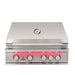Stono Outdoor Living The TrueFlame 25" 3-Burner Built-In Propane Gas Grill by TrueFlame features commercial-grade stainless steel, a closed lid with a thermometer, four red-lit control knobs, and two small indicator lights on the right of the control panel.