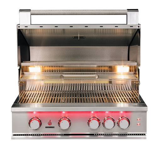 Stono Outdoor Living The TrueFlame 32" 4-Burner Built-In Natural Gas Grill (TF32) by TrueFlame features four control knobs, internal lighting, glowing red front indicator lights, a stainless steel finish, open lid, and grilling racks.