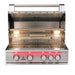 Stono Outdoor Living The TrueFlame 40" 5-Burner Built-In Natural Gas Grill by TrueFlame features stainless steel construction, five control knobs, a rotisserie, grill grates, built-in lights, and illuminated red indicator lights, shown with the lid open.