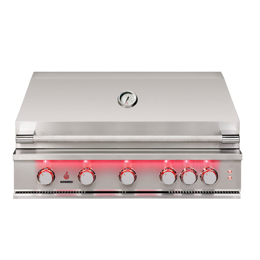 Stono Outdoor Living The TrueFlame 40" 5-Burner Built-In Propane Gas Grill (TF40L) features a commercial-grade stainless steel build, closed lid, built-in thermometer, and five red-lit control knobs on the front panel.