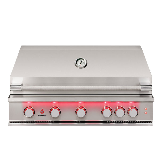 Stono Outdoor Living The TrueFlame 32" 4-Burner Built-In Propane Gas Grill by TrueFlame features four control knobs with red lights, a closed lid, and a built-in temperature gauge for high-performance outdoor grilling.
