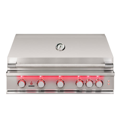 Stono Outdoor Living The TrueFlame 40" 5-Burner Built-In Natural Gas Grill by TrueFlame features a closed lid, temperature gauge, and five red-illuminated control knobs, all viewed from the front.