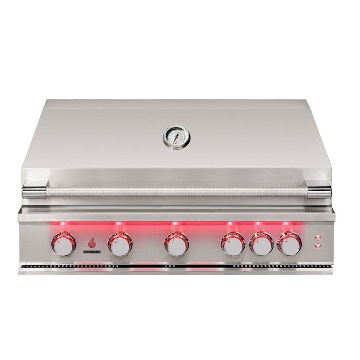 Stono Outdoor Living The TrueFlame 40" 5-Burner Built-In Natural Gas Grill by TrueFlame features a closed lid, temperature gauge, and five red-illuminated control knobs, all viewed from the front.