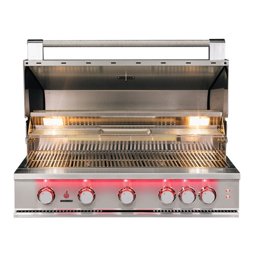 Stono Outdoor Living The TrueFlame 40" 5-Burner Built-In Propane Gas Grill (TF40L) by TrueFlame features five knobs, an open lid, interior grill lights, and spotless grates. This commercial-grade stainless steel grill is clean and appears unused.