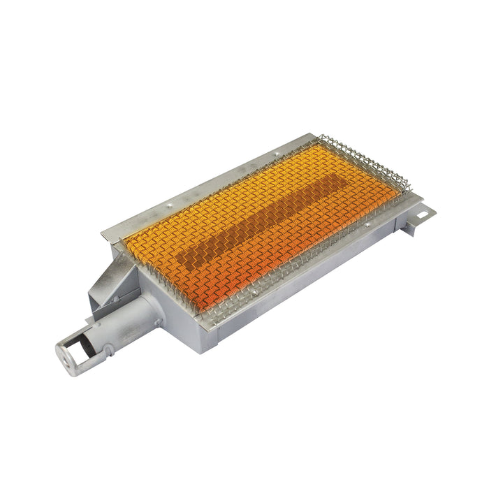 Stono Outdoor Living The TrueFlame Drop-In Infrared Sear Burner - TF-IRB features a glowing orange ceramic surface on a rectangular metal base with a connector, making it an ideal high-performance grill replacement.