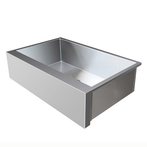 Stono Outdoor Living The TrueFlame 32" Outdoor Rated Farmhouse Sink (TF-NK-32FH-P) features a deep, rectangular stainless steel basin with flat edges, ideal for outdoor kitchens or bar prep areas; shown at an angle against a white background.