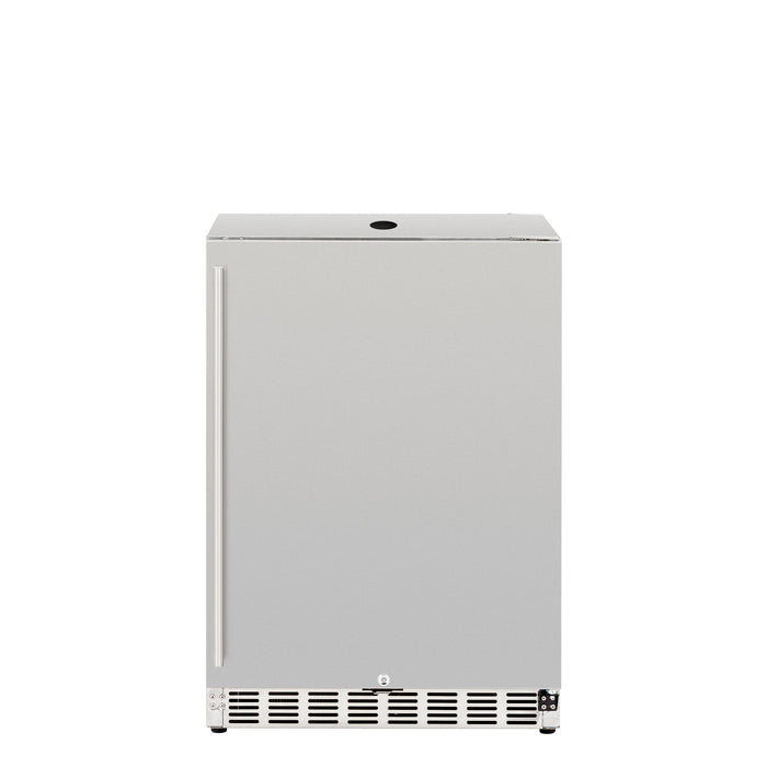 Stono Outdoor Living The TrueFlame 24" 6.6 Cu. Ft. Deluxe Outdoor Rated Kegerator (AMD-RFR-24DK), shown front-facing on a white background with a left-side handle and bottom ventilation, is the ideal upgrade for your outdoor kitchen.