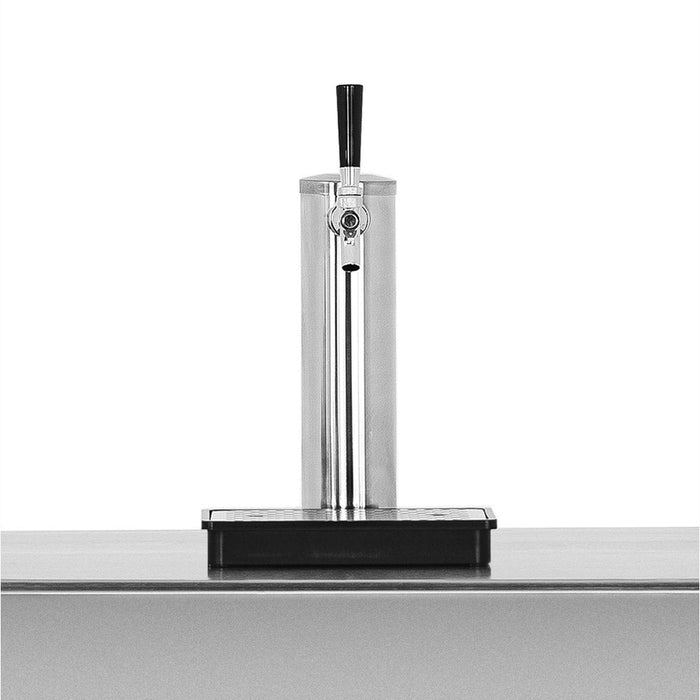 Stono Outdoor Living The TrueFlame Double Keg Tap for Kegerator (AMD-RFR-TAP-2) by TrueFlame is shown mounted on a counter against a white background—perfect for enhancing your outdoor kegerator setup.