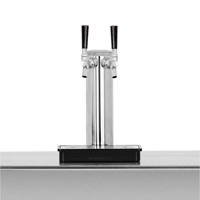 Stono Outdoor Living The TrueFlame Single Keg Tap for Kegerator (AMD-RFR-TAP-1) by TrueFlame is shown mounted on a countertop with a drip tray, ideal for outdoor kegerators, set against a plain white background.