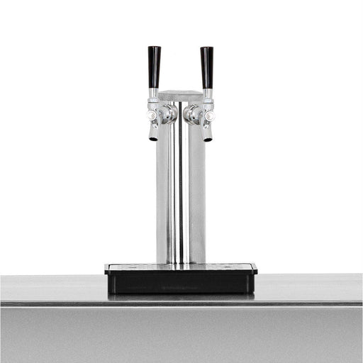 Stono Outdoor Living The TrueFlame Double Keg Tap for Kegerator (AMD-RFR-TAP-2) by TrueFlame features black handles, mounts on a countertop with a drip tray below, and is shown against a white background—perfect for outdoor kegerator setups.