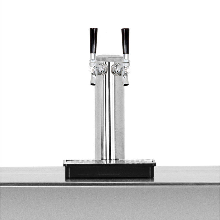 Stono Outdoor Living The TrueFlame Double Keg Tap for Kegerator (AMD-RFR-TAP-2) by TrueFlame features black handles, mounts on a countertop with a drip tray below, and is shown against a white background—perfect for outdoor kegerator setups.