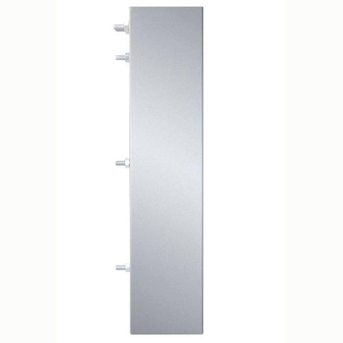 Stono Outdoor Living A vertical rectangular metallic TrueFlame 4" Spacer Bracket for 36" Outdoor Vent Hood (TF-VH36-2-SP4) with four evenly spaced knobs on the left side, shown in profile on a plain white background—ideal for outdoor venting systems.