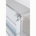 Stono Outdoor Living Close-up of a metallic frame corner with bolts and nuts at the joint, featuring the TrueFlame 8" Spacer Bracket for 36" Outdoor Vent Hood (TF-VH36-2-SP8) with a smooth silver finish and precise, clean edges.