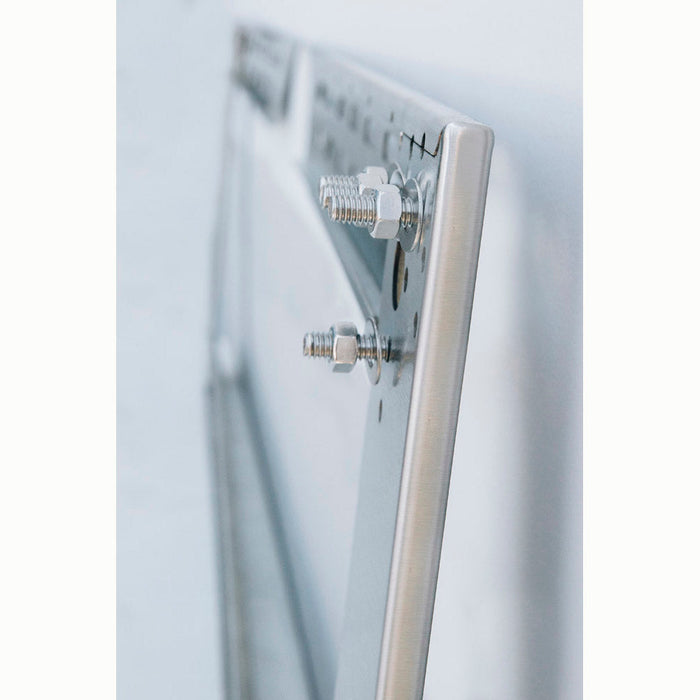 Stono Outdoor Living Close-up of the TrueFlame 1/2" Mounting Bracket for 48" Vent Hood (TF-VH48-2-SPT) with three bolts and washers, stainless steel finish, viewed at an angle against a blurred light background.