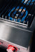 Stono Outdoor Living Close-up of the TrueFlame Gas Double Side Burner - TFSB2L by TrueFlame, featuring blue flames under a metal grate, visible side burners, and a bright red control knob—ideal for any outdoor kitchen.